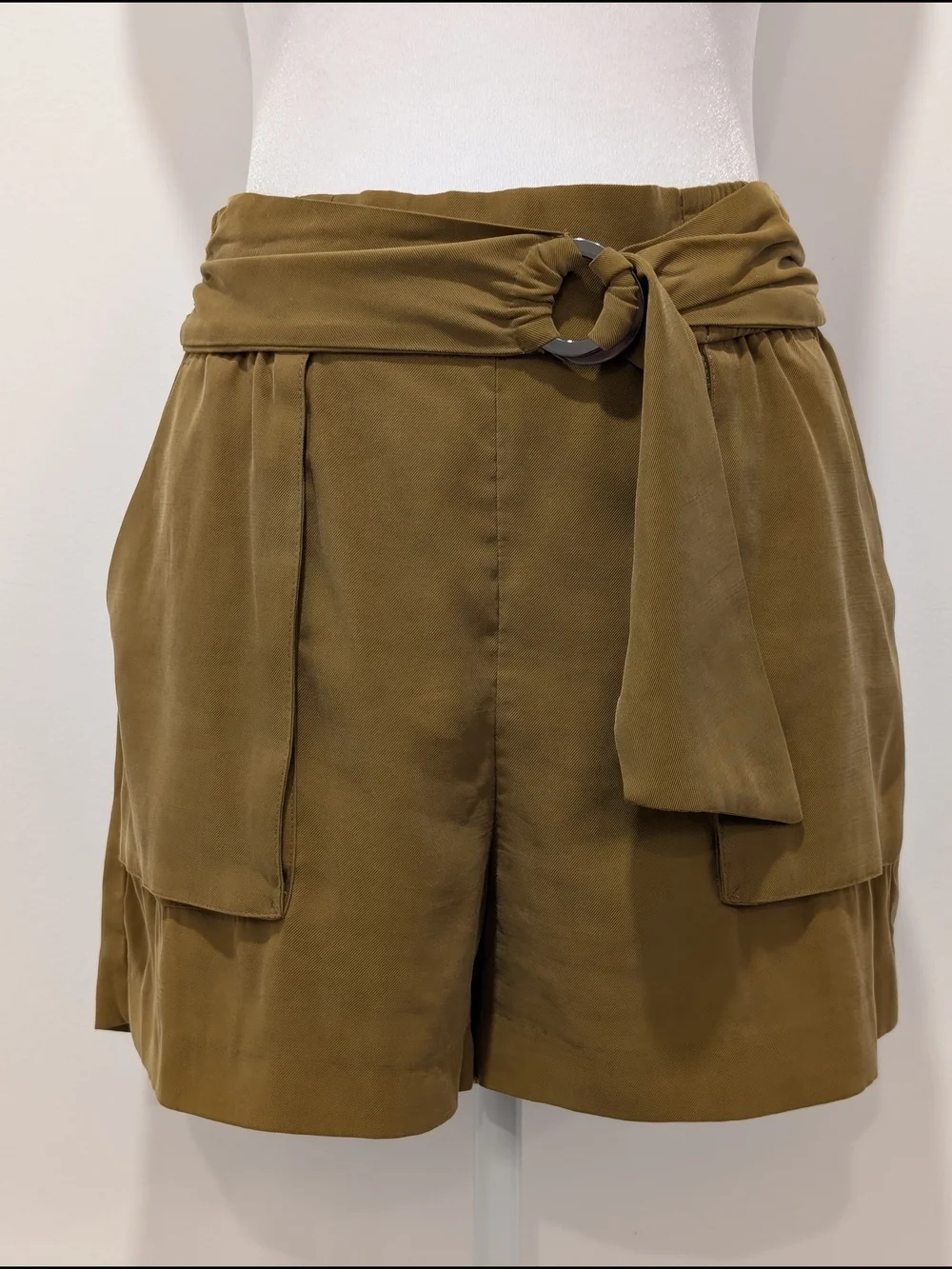 Dynamite High-Waist Paperbag Shorts with Ring Belt - Khaki Brown - Picture 2 of 9